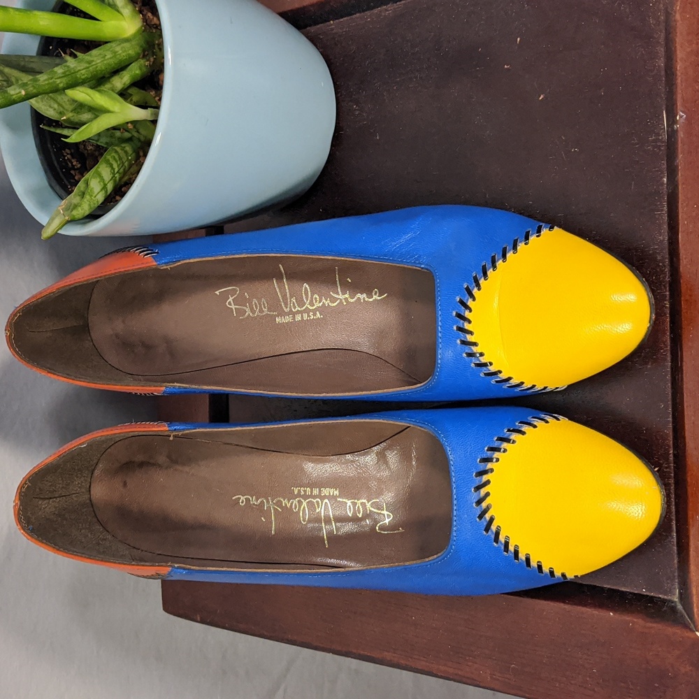 Vintage 80's yellow/blue/red block print leather heels by Bill Valentine